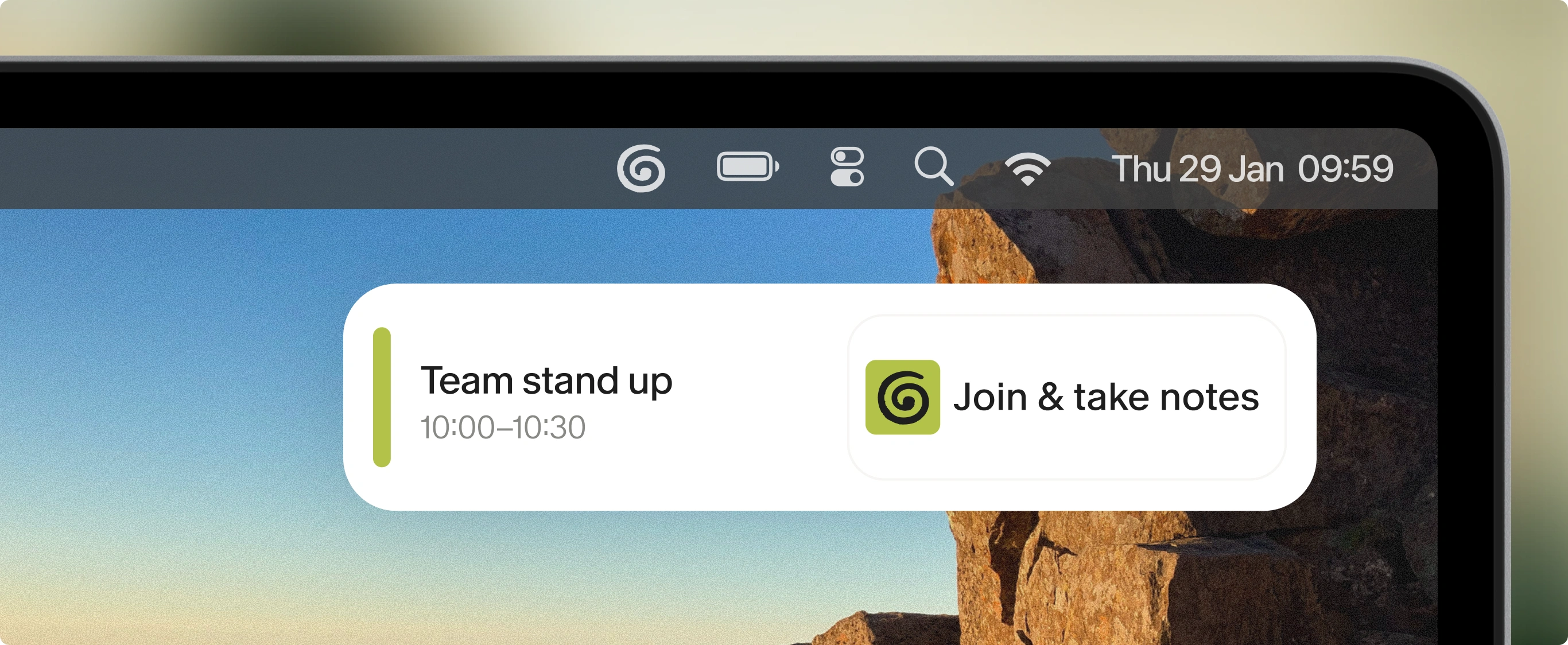 A macOS notification for a team stand up with a Granola button to join and take notes