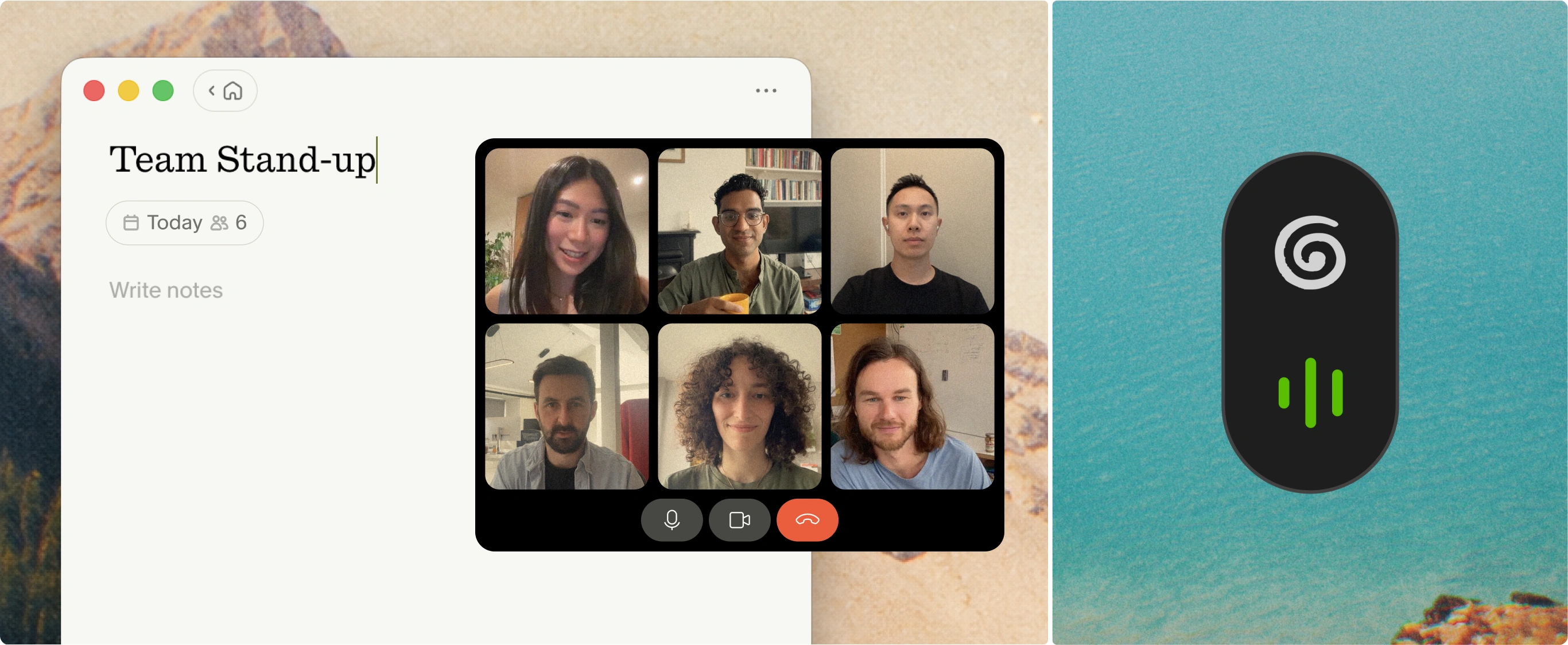 A Granola note beside a video call with six participants, with the Granola recording indicator transcribing in the background