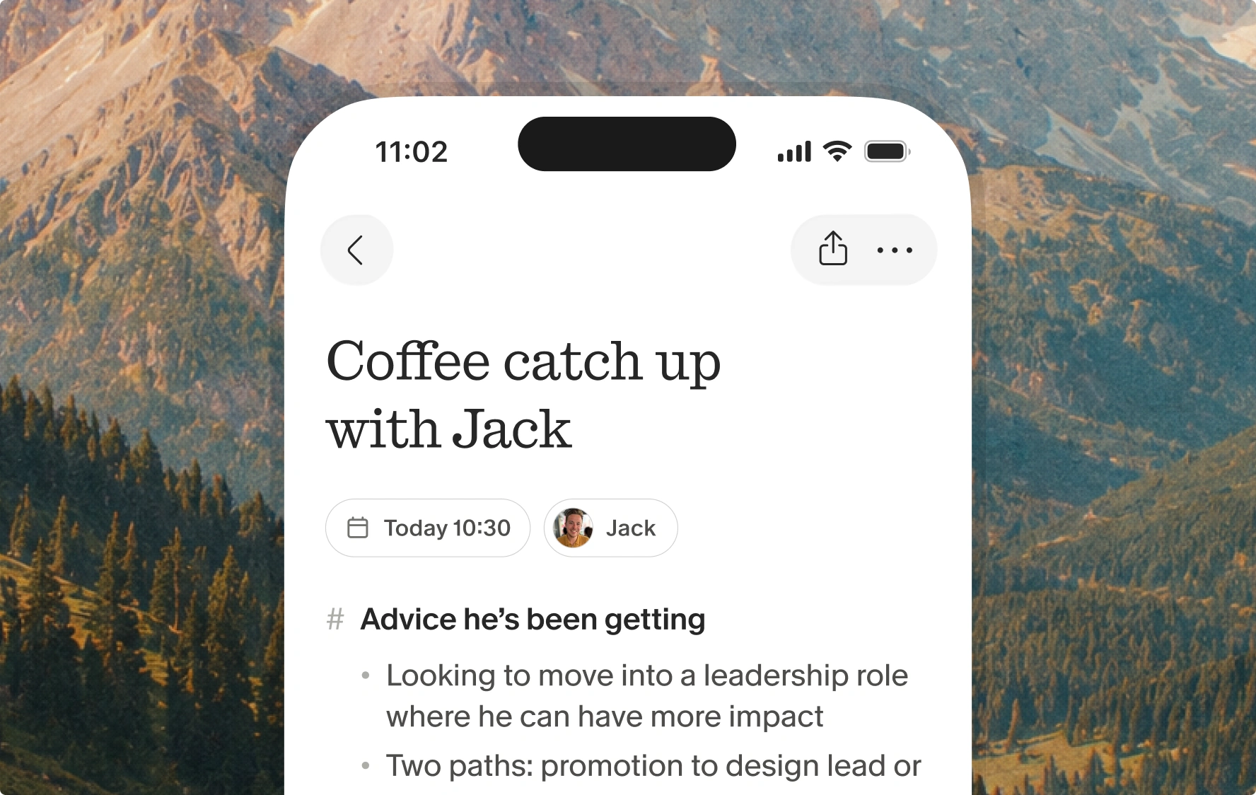 The Granola iPhone app showing notes from a coffee catch up meeting