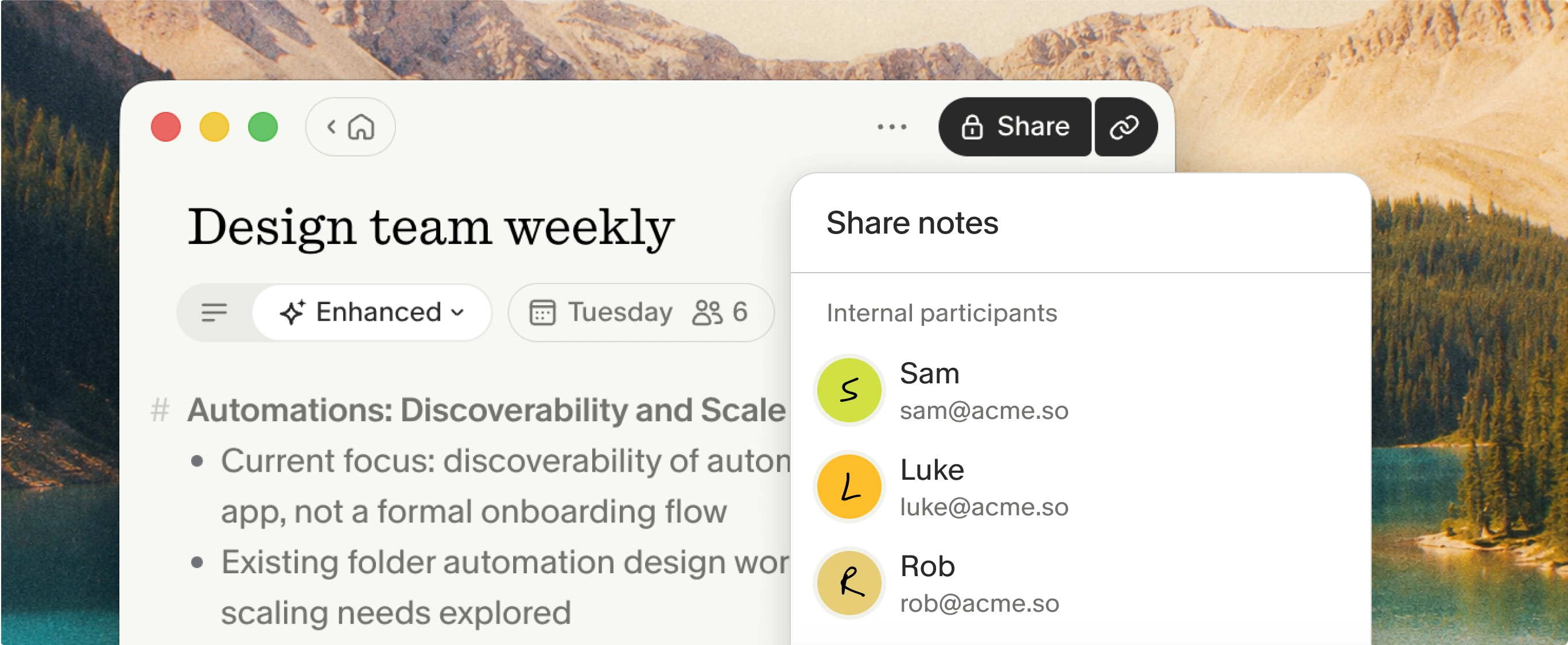 A Granola note with a Share notes menu open, listing meeting participants to share with